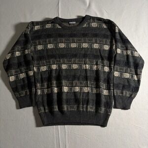 Jantzen Mens XL Vintage Textured Geometric Knit Sweater Charcoal Gray Acrylic